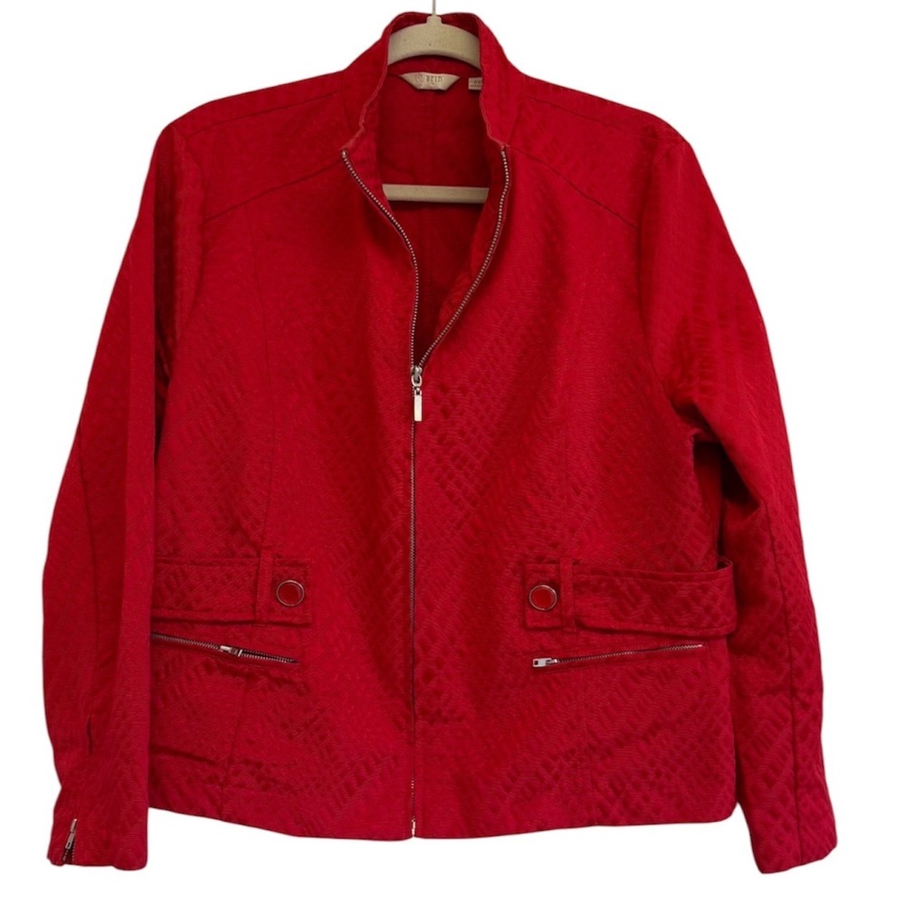 Erin London Red Textured Diamond Weave Zip Up Jacket Petite XL PXL Mock Neck